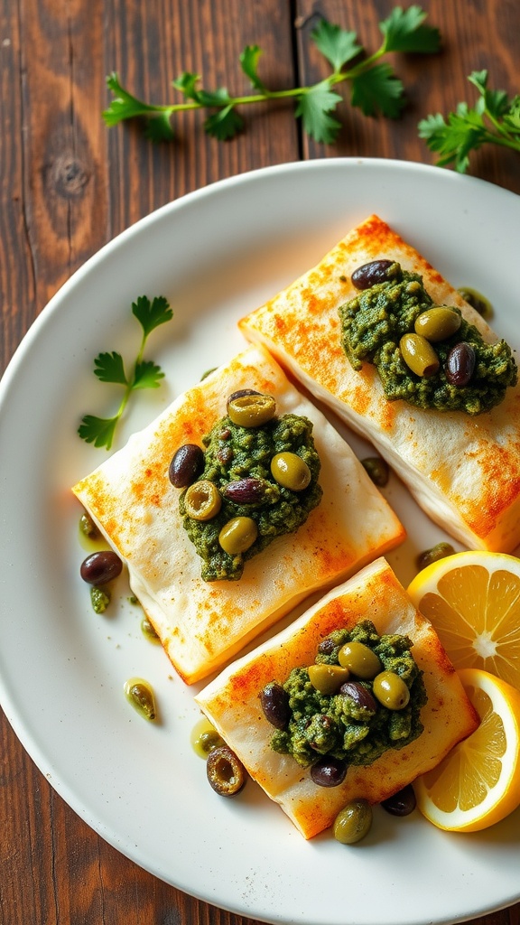 Pan-seared tilapia topped with green olive tapenade, garnished with parsley and lemon slices on a rustic table.